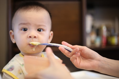 A photo of a baby being spoon fed